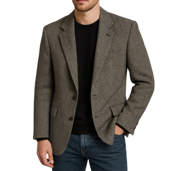 VINTAGE Tweed Sport Coat Blazer 100% Virgin Wool Black Cream Heritage Style 44